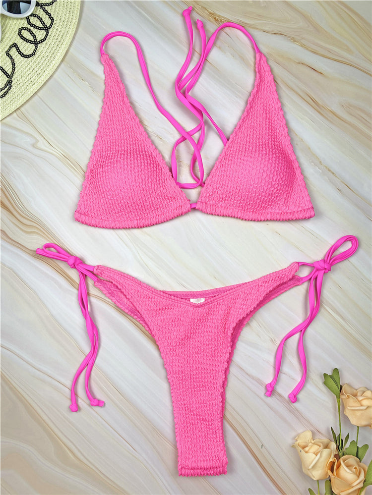 Solid Coloured Lace-up Three-point Bikini