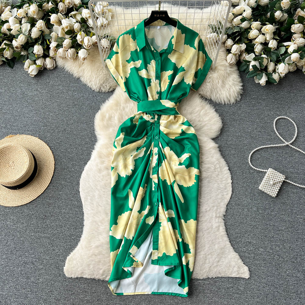 Vintage Lapel Floral Pleated Dress