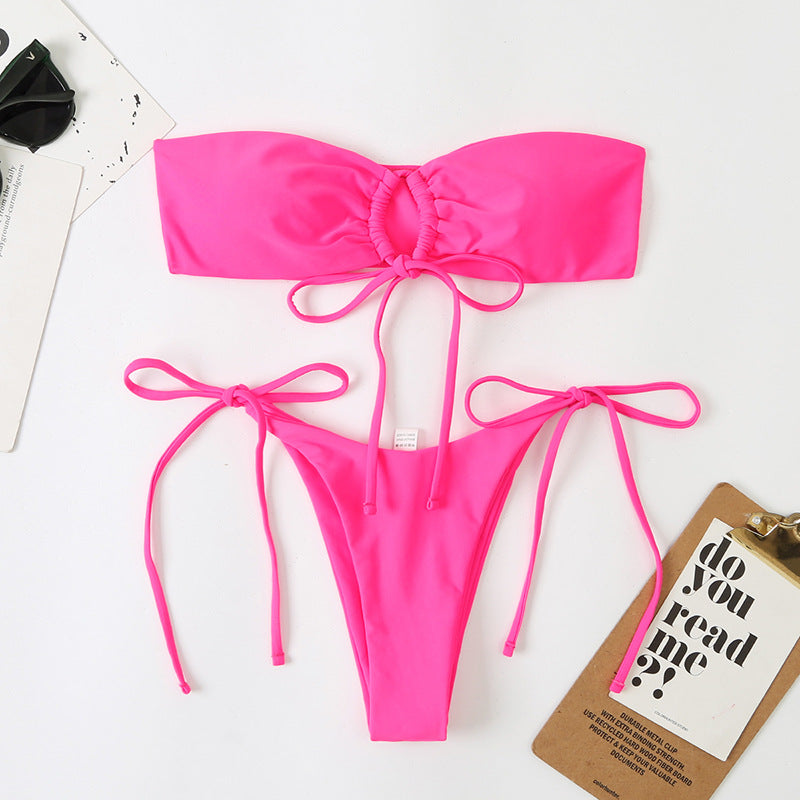 Solid Color Pleated Lace-up Bikini