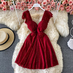 Sequin Short Sleeve Low Cut V Neck A-Line Dress