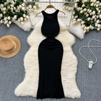 Elastic Solid Color Knitted Halter Dress