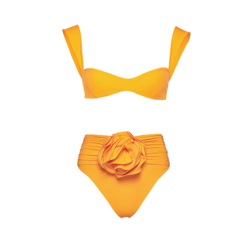 3d Rose Solid Color High-waist Bikini