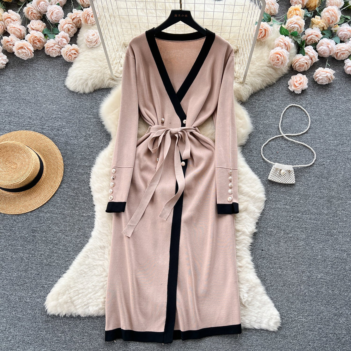 Color Blocking Knitted Cardigan Dress