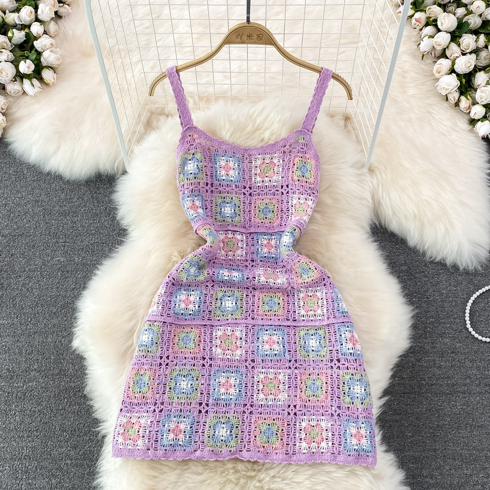 Backless Colourful Crocheted Slip Dress