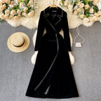 Elegant Lapeled Velvet Over-knee Coat