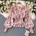 Chiffon Ruffle Trim V-neck Floral Top