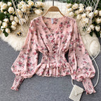 Chiffon Ruffle Trim V-neck Floral Top