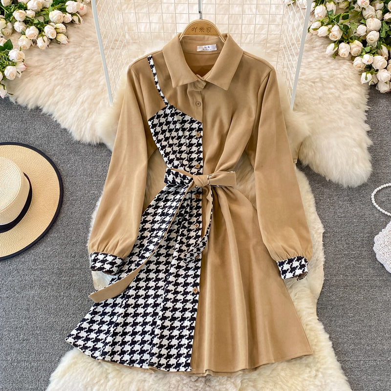 Tweed Panel Plaid Fake Two Piece Dress