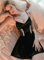 Hollowed Velvet Pleated Slip Dress