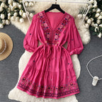 Bohemian Embroidered Drawstring Floral Dress