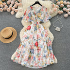 Mori Flared Sleeve Floral Chiffon Dress