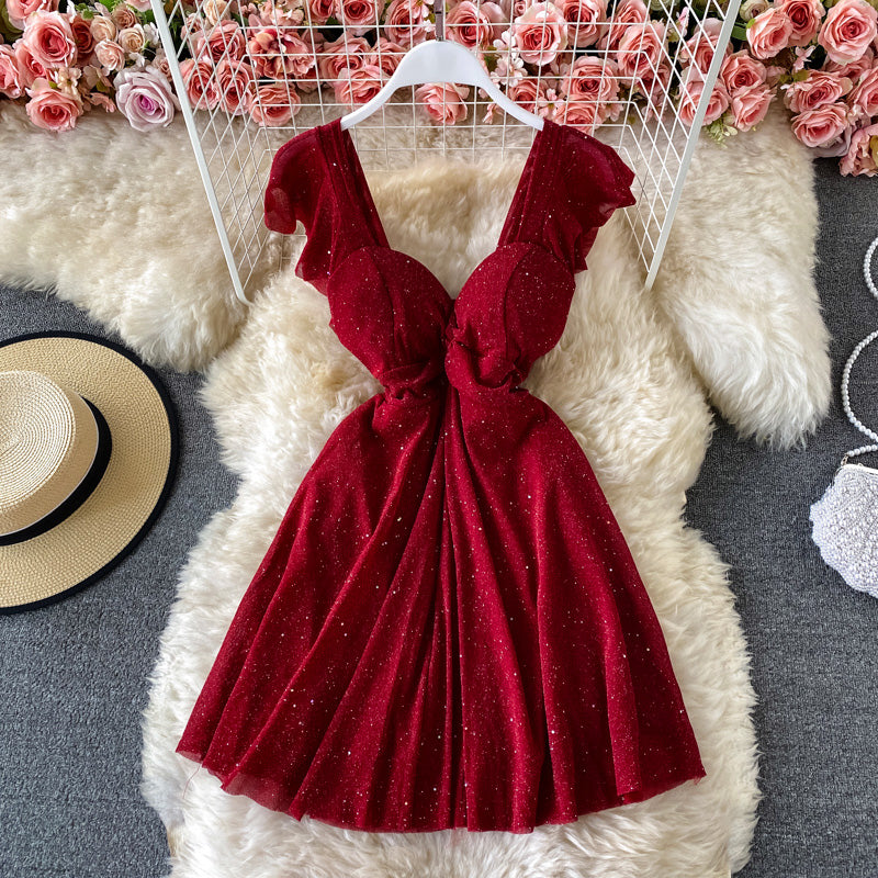 Sequined V-neck A-line Short Sleeve Dress