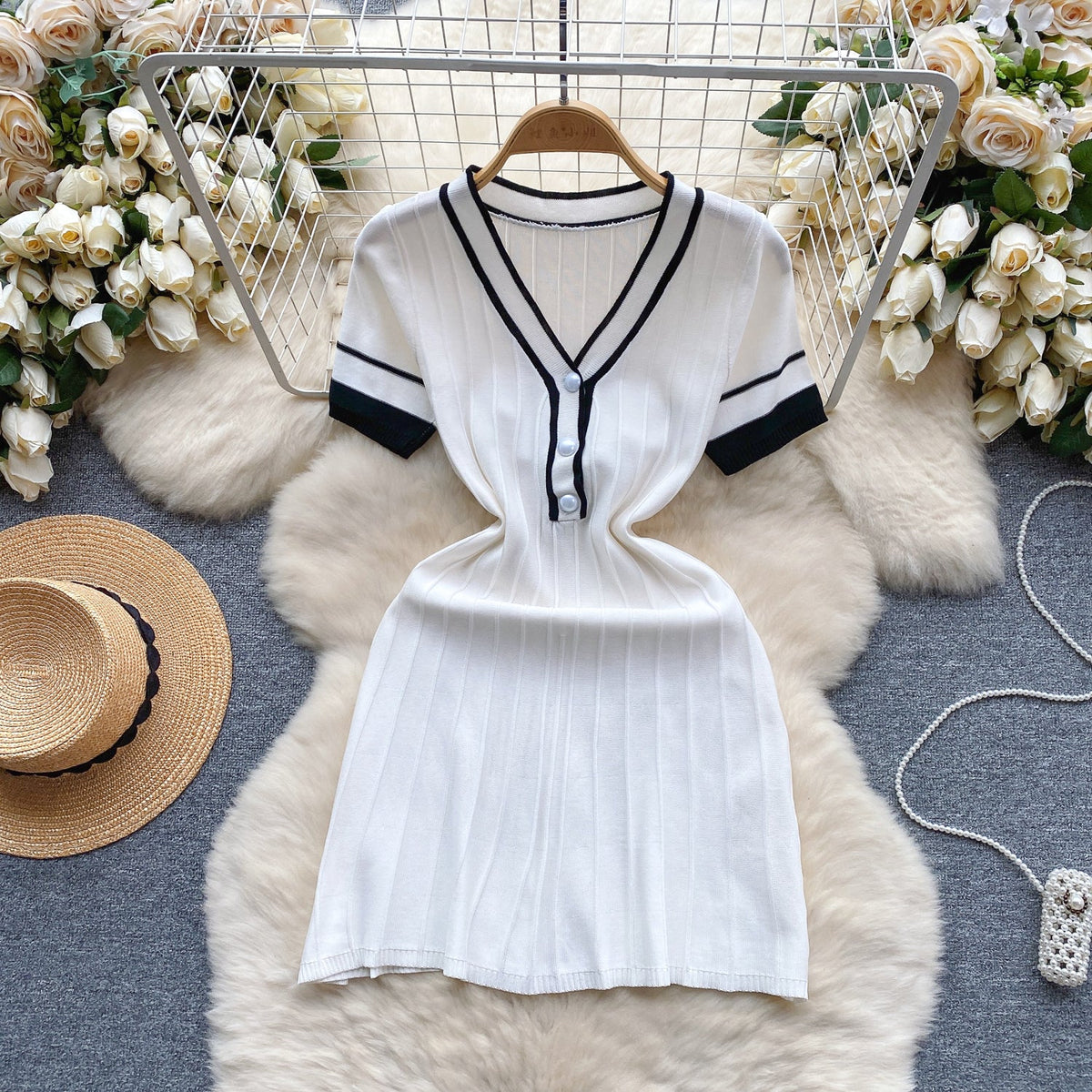 Candy Color V-neck Knitted Dress