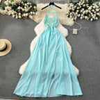 Embroidered Backless Split Halter Dress