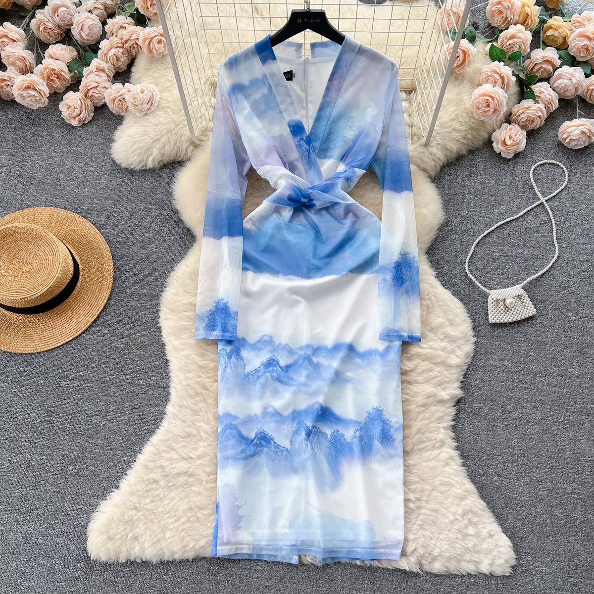 Vintage V-neck Long-sleeve Floral Dress