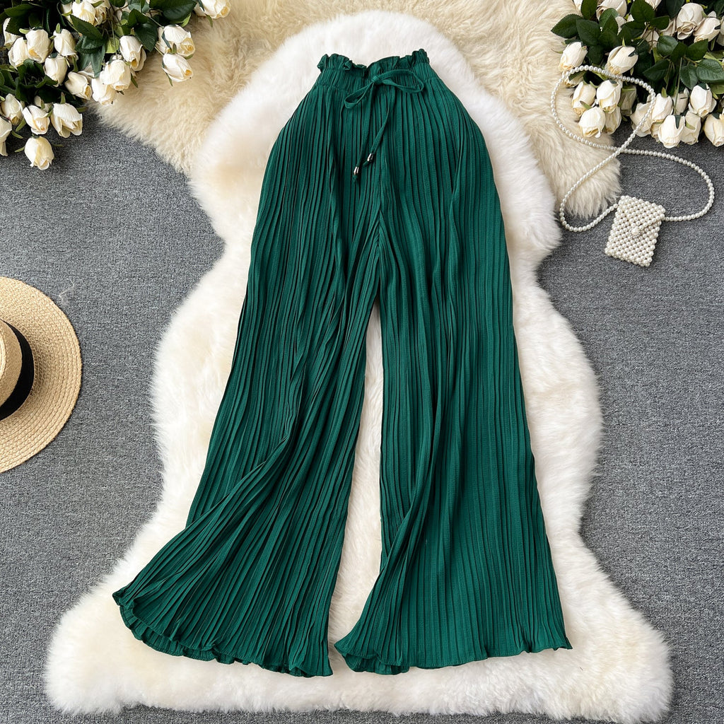 Solid Color Pleated Wide-leg Trousers