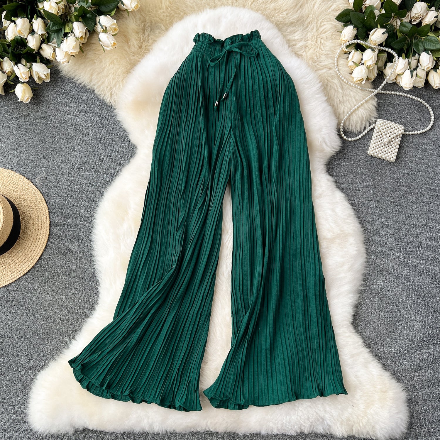 Solid Color Pleated Wide-leg Trousers