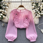 3d Floral Puffy Sleeve Shirt