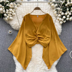V-Neck Twisted Solid Color Chiffon Top