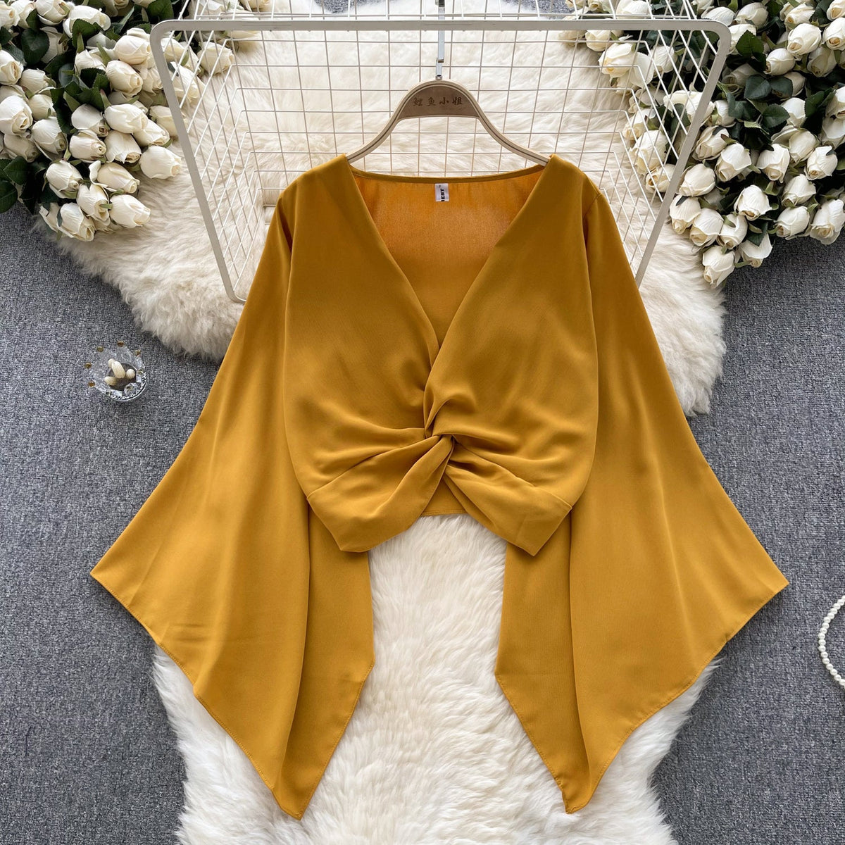 V-Neck Twisted Solid Color Chiffon Top