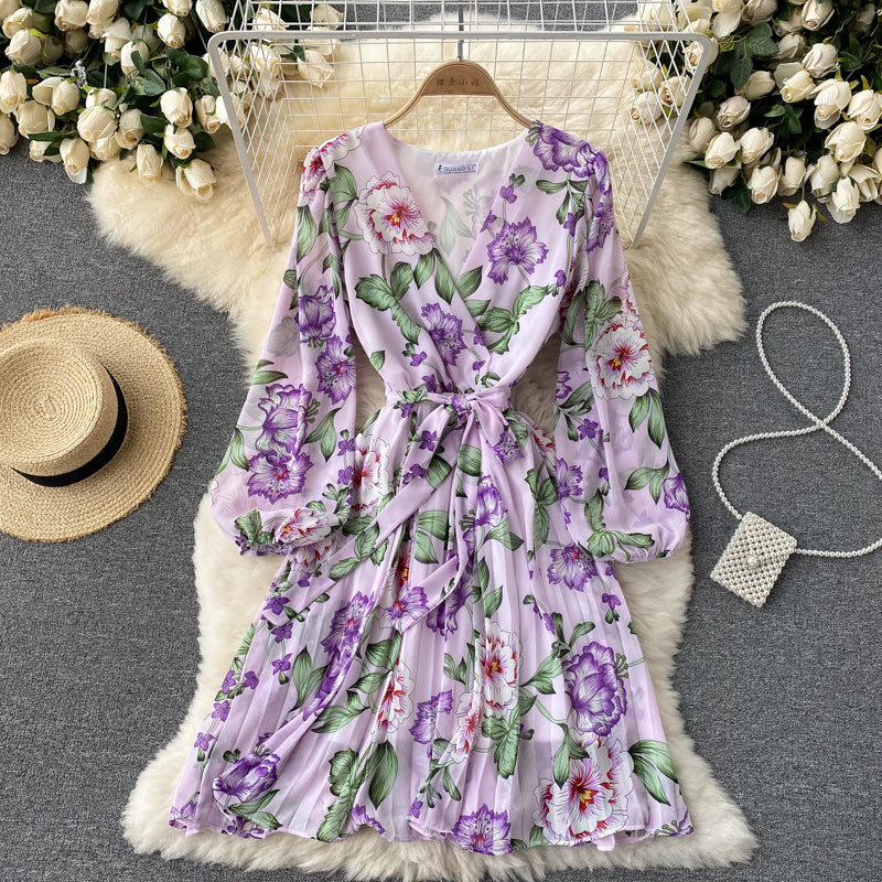 V-neck Waistband Ruffle Dress