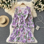 V-neck Waistband Ruffle Dress