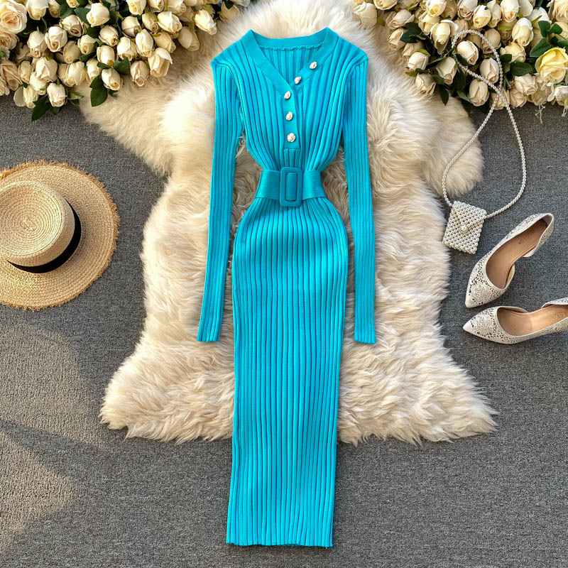 Belted Waist Long Sleeve Dress