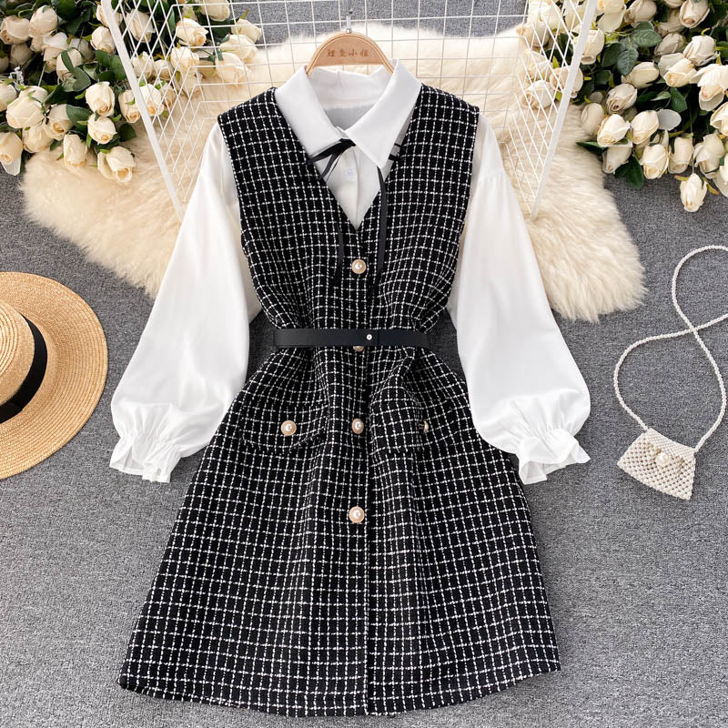 Two-piece Puff Sleeve Shirt Houndstooth Dress