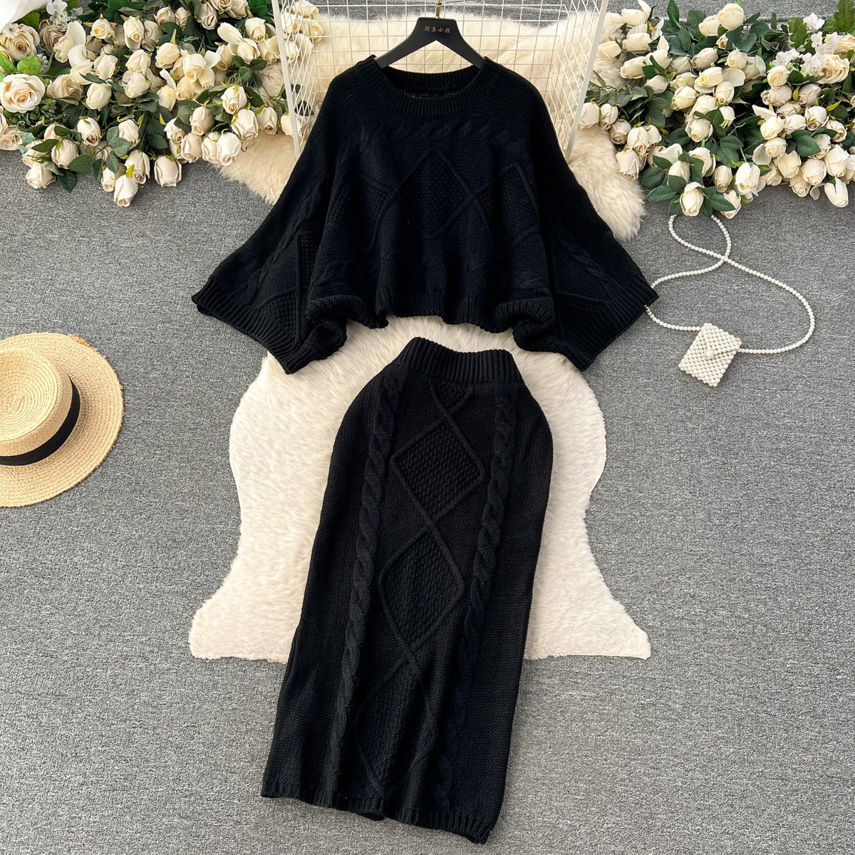 Cable Sweater&Half-body Skirt 2Pcs
