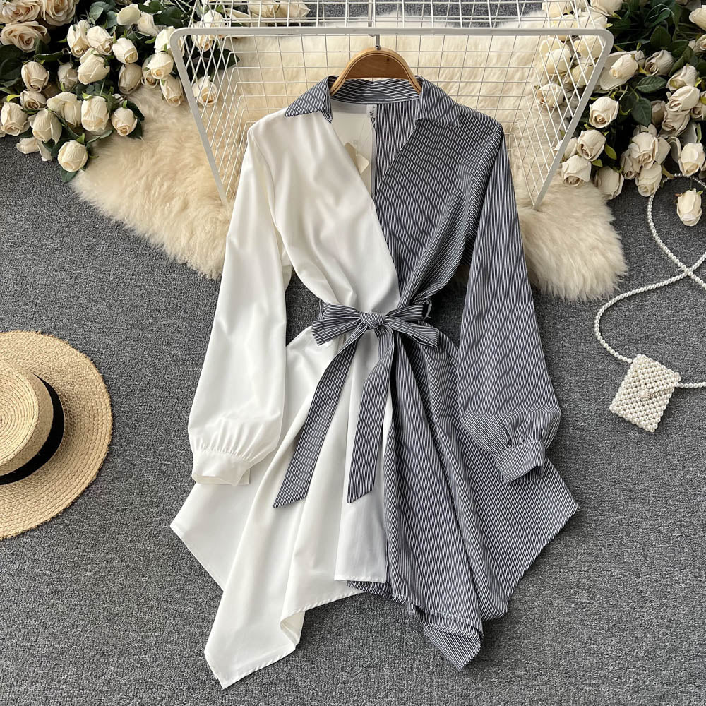 Colorblock Striped Lapel Tie Waist Shirt
