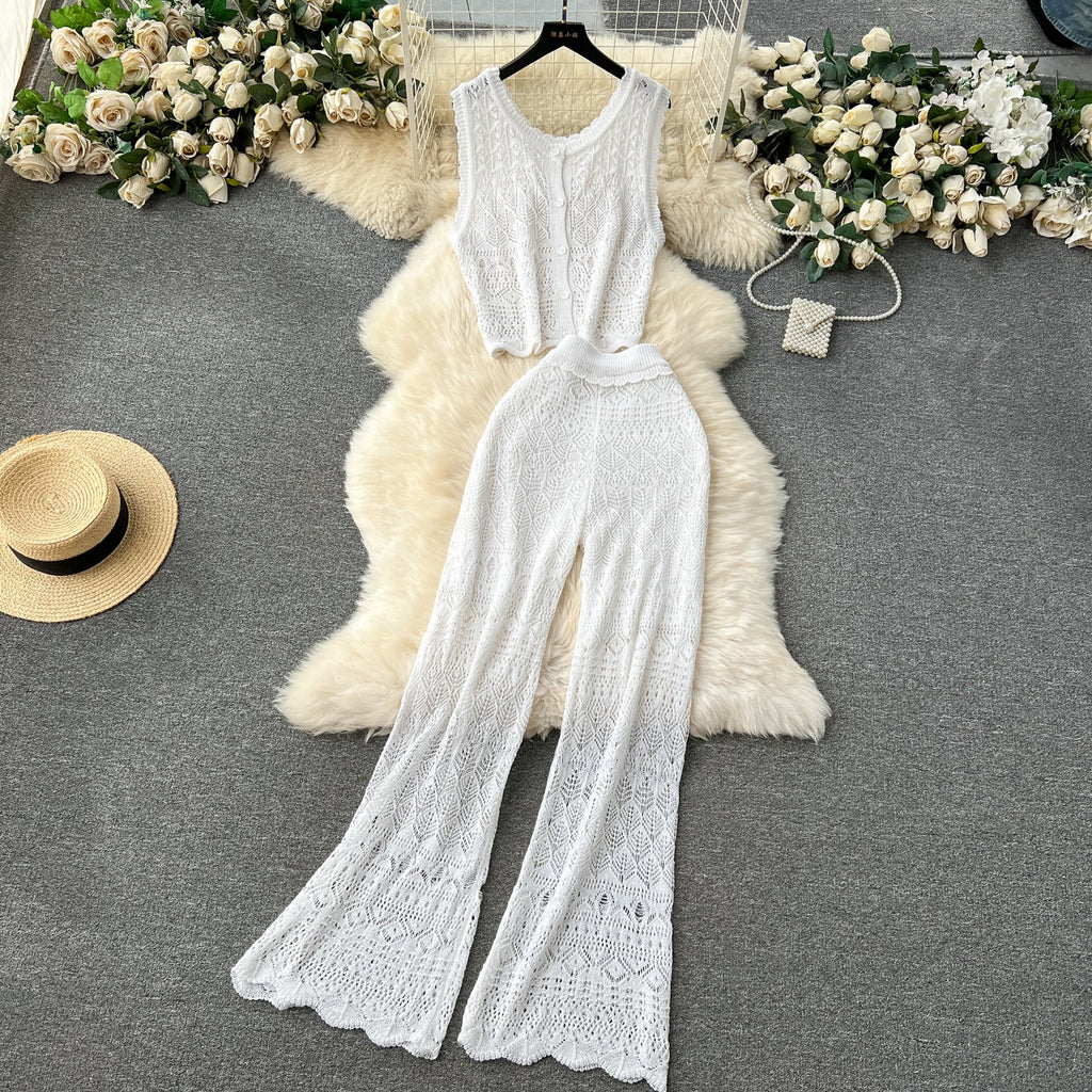 Crochet Sleeveless Cardigan&Trousers Knitted 2Pcs