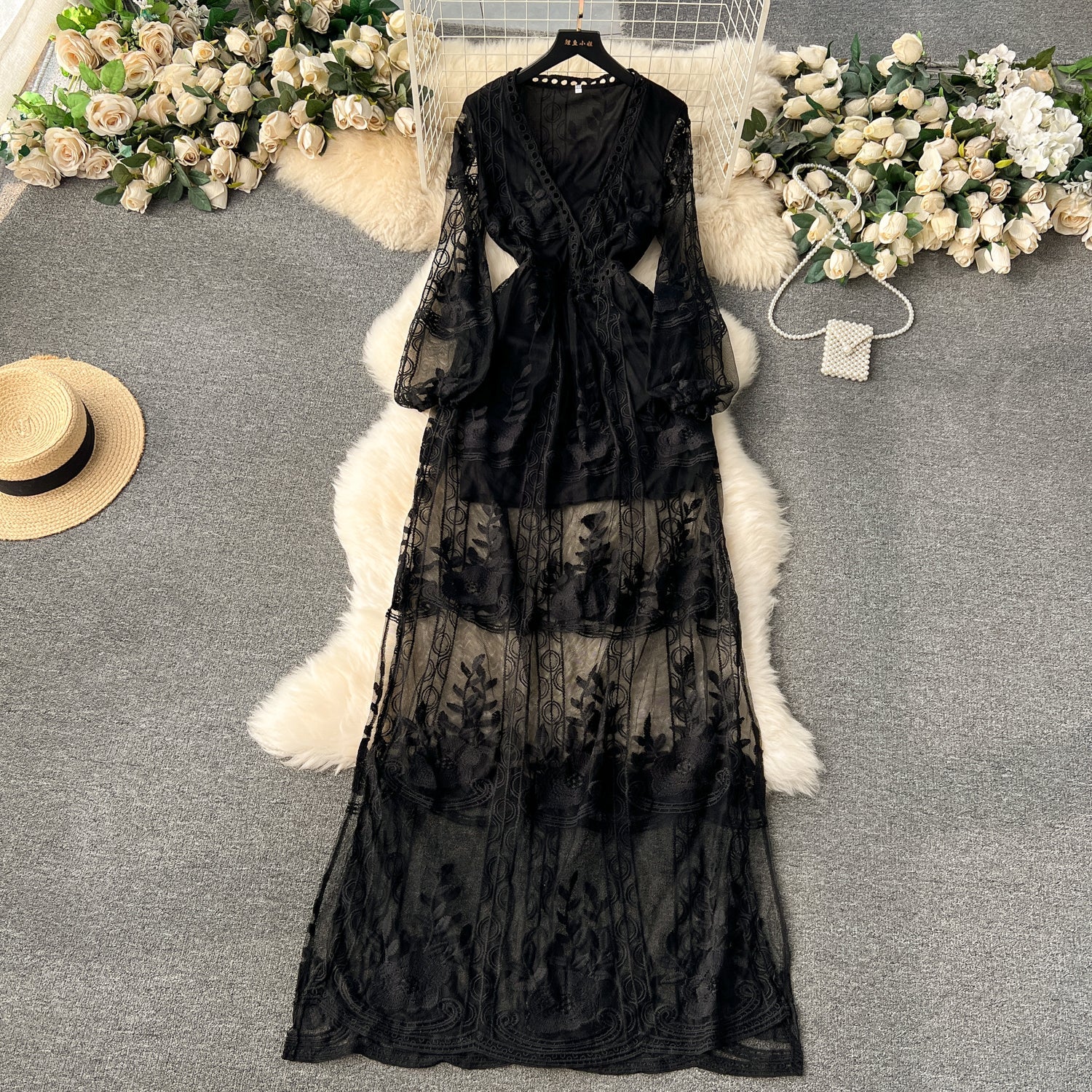 Vintage Embroidered Lace V-neck Dress
