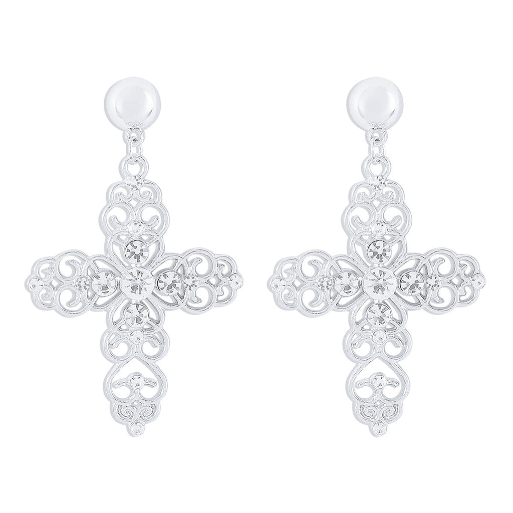 Skeletonized Rhinestone Cross Necklace&Earrings