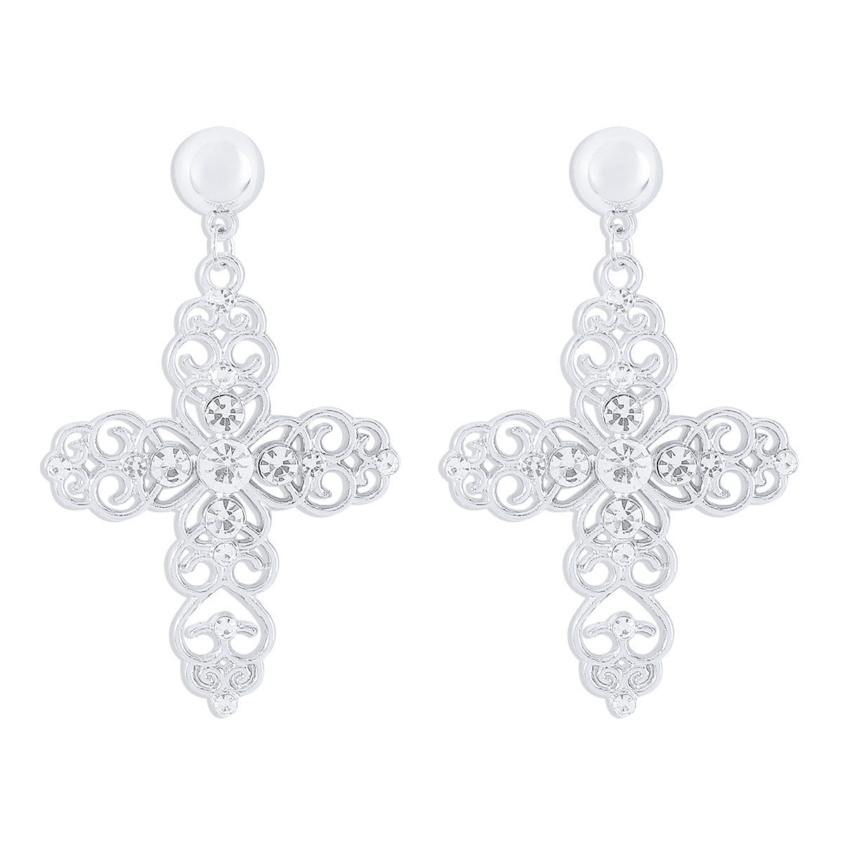 Skeletonized Rhinestone Cross Necklace&Earrings