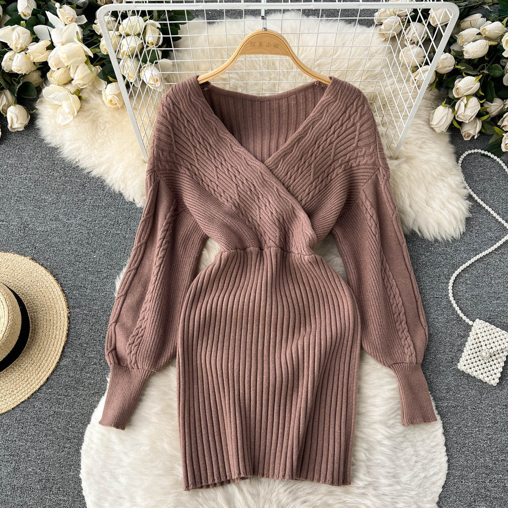 Vintage V-neck Waist-slimming Knitted Dress
