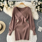 Vintage V-neck Waist-slimming Knitted Dress