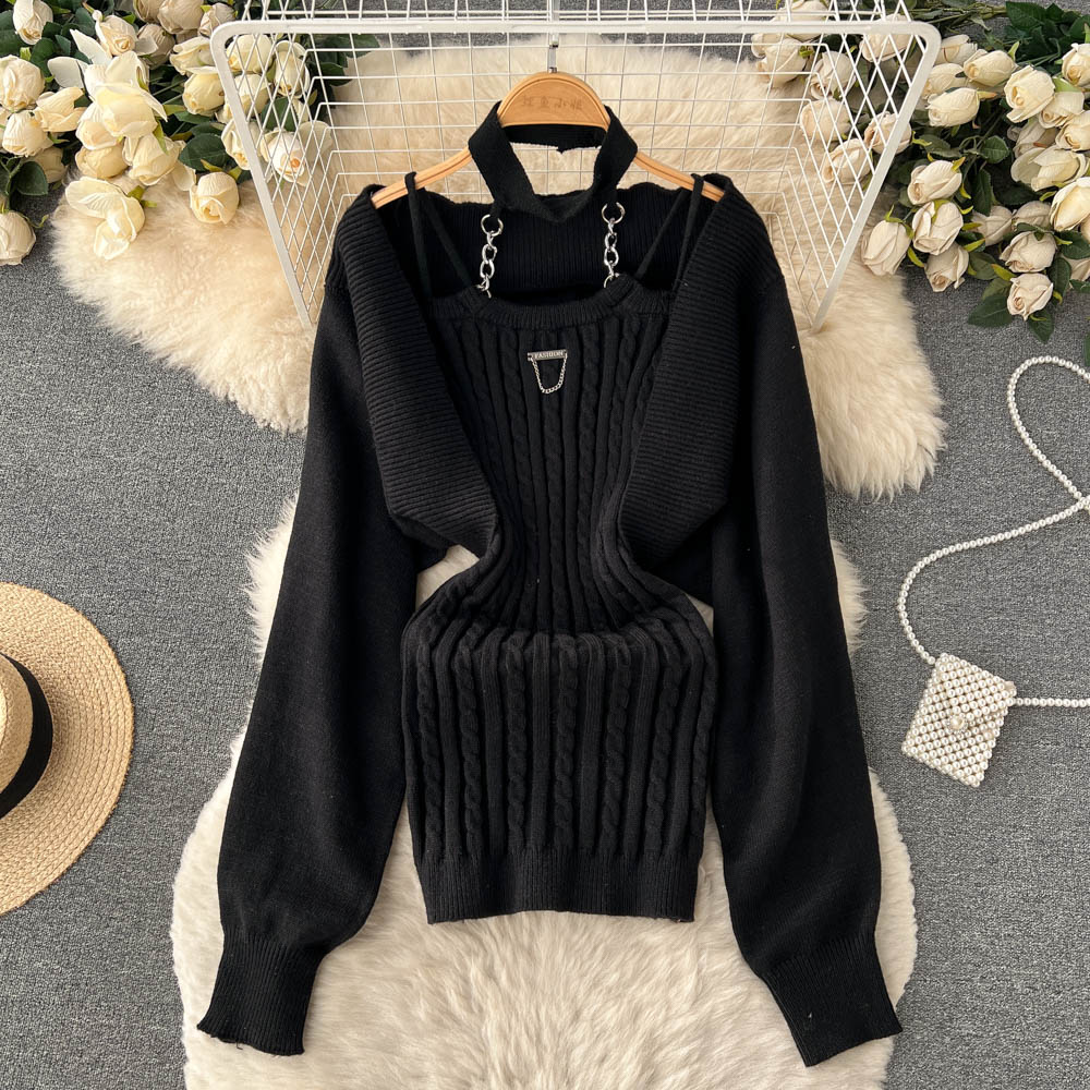 Knitted Cardigan Shawl&Bodycon Halter Dress