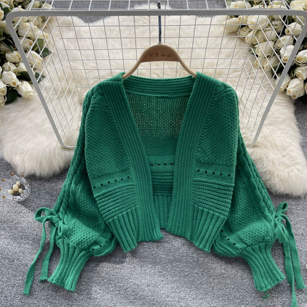 Bow Drawstring Short Knitted Cardigan