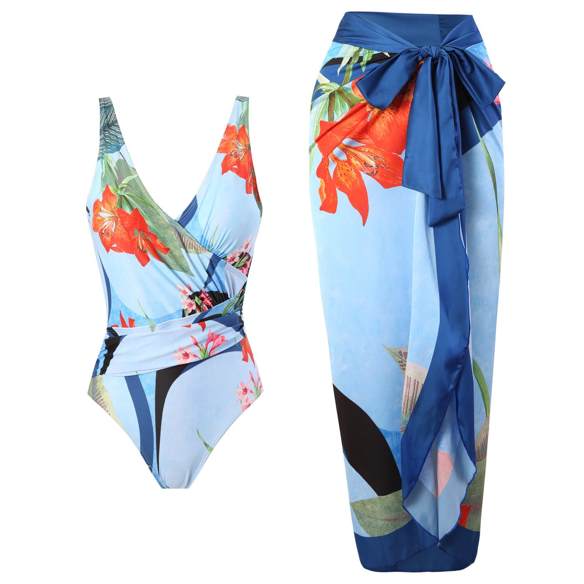Floral One-piece Swimwear&Lace-up Skirt