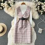 Bottom Sweater&Houndstooth Strappy Dress 2Pcs
