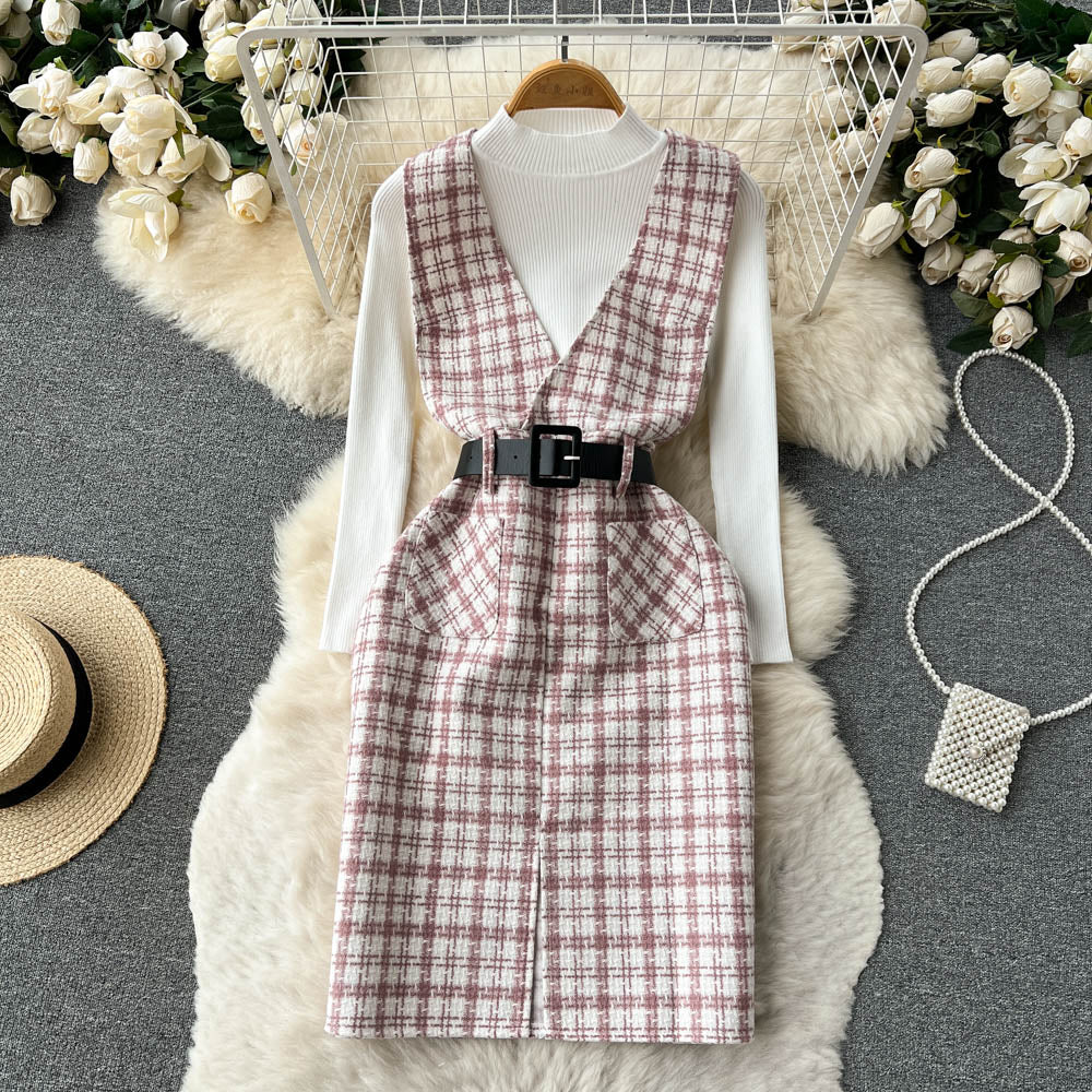 Bottom Sweater&Houndstooth Strappy Dress 2Pcs