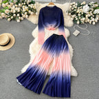 Pleated Knitwear&Wide-leg Trousers Printed 2Pcs
