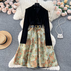 Courtly Gold Velvet Jacquard Floral Dress