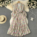 V-neck Chiffon Floral Long-sleeve Dress