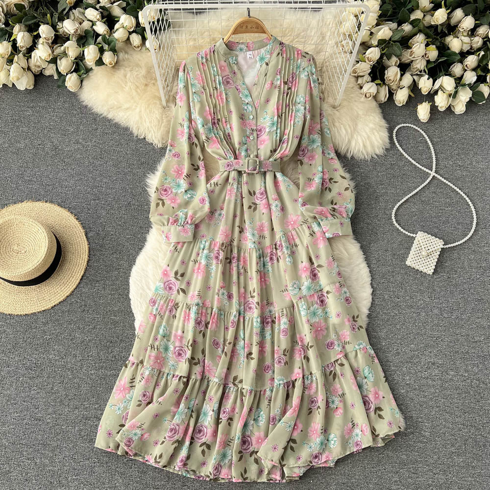 V-neck Chiffon Floral Long-sleeve Dress