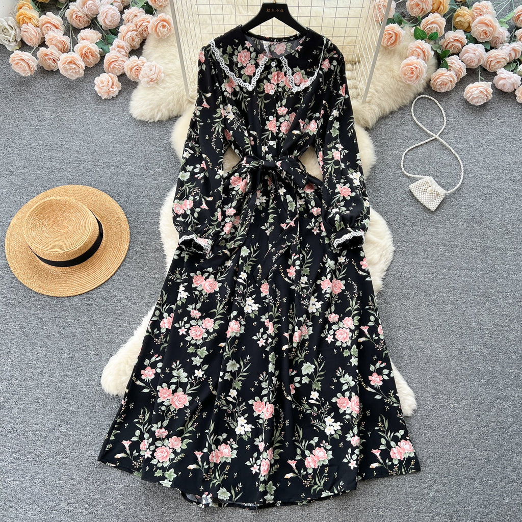 Vintage Doll Collar Floral Chiffon Dress
