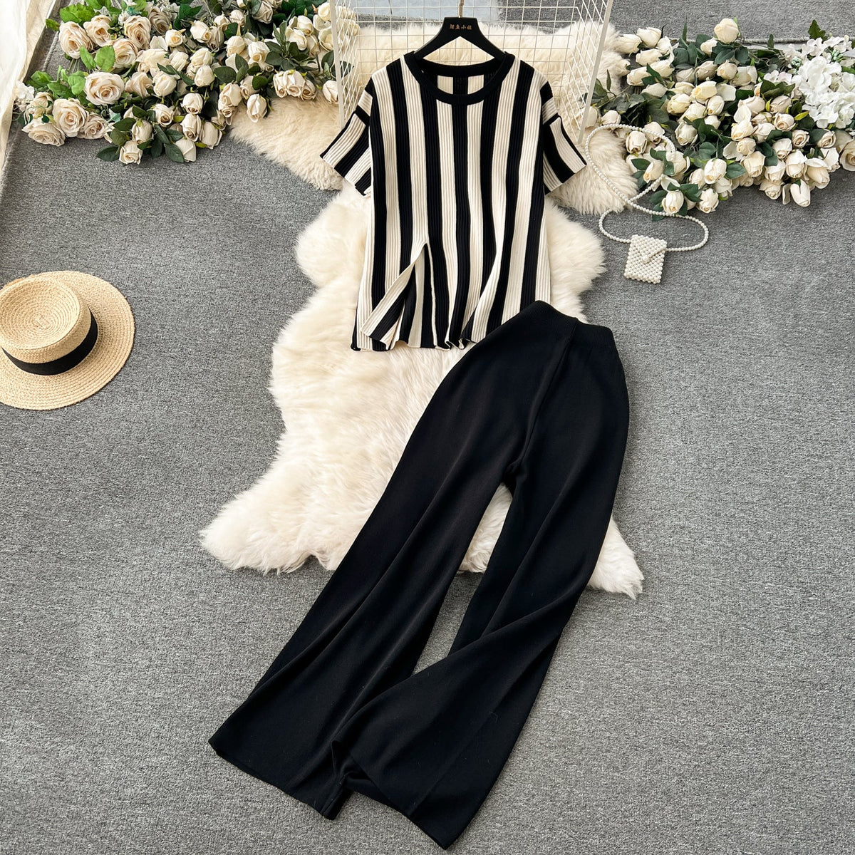 Striped Sweater&Wide-leg Trousers Knitted 2Pcs