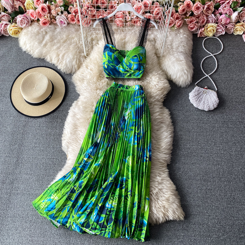 Camisole&Pleated Half-body Skirt 2Pcs