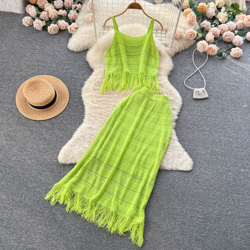 Tassel Camisole&Hip-wrapping Skirt 2Pcs
