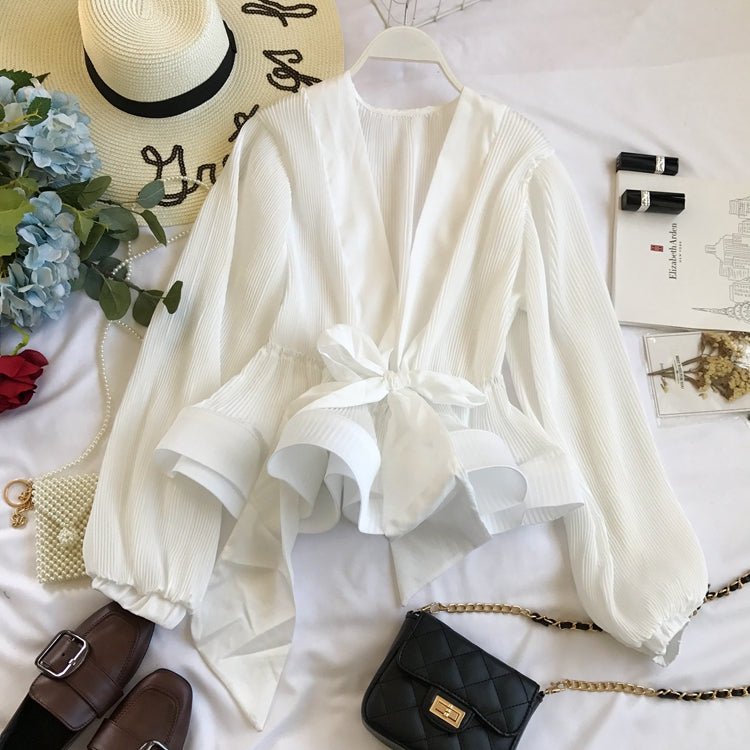 V-neck Pleated Tie Bow Ruffled Chiffon Shirt